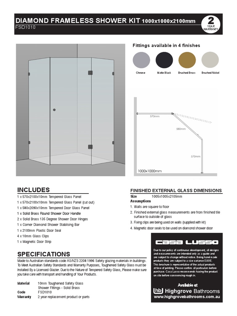 Frameless Diamond Shower Kit with 1000x1000x2100mm Dimensions, Inset