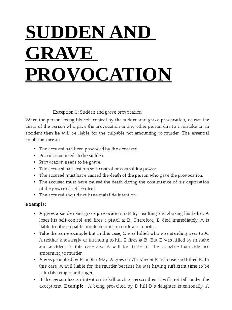 grave and sudden provocation criminal law