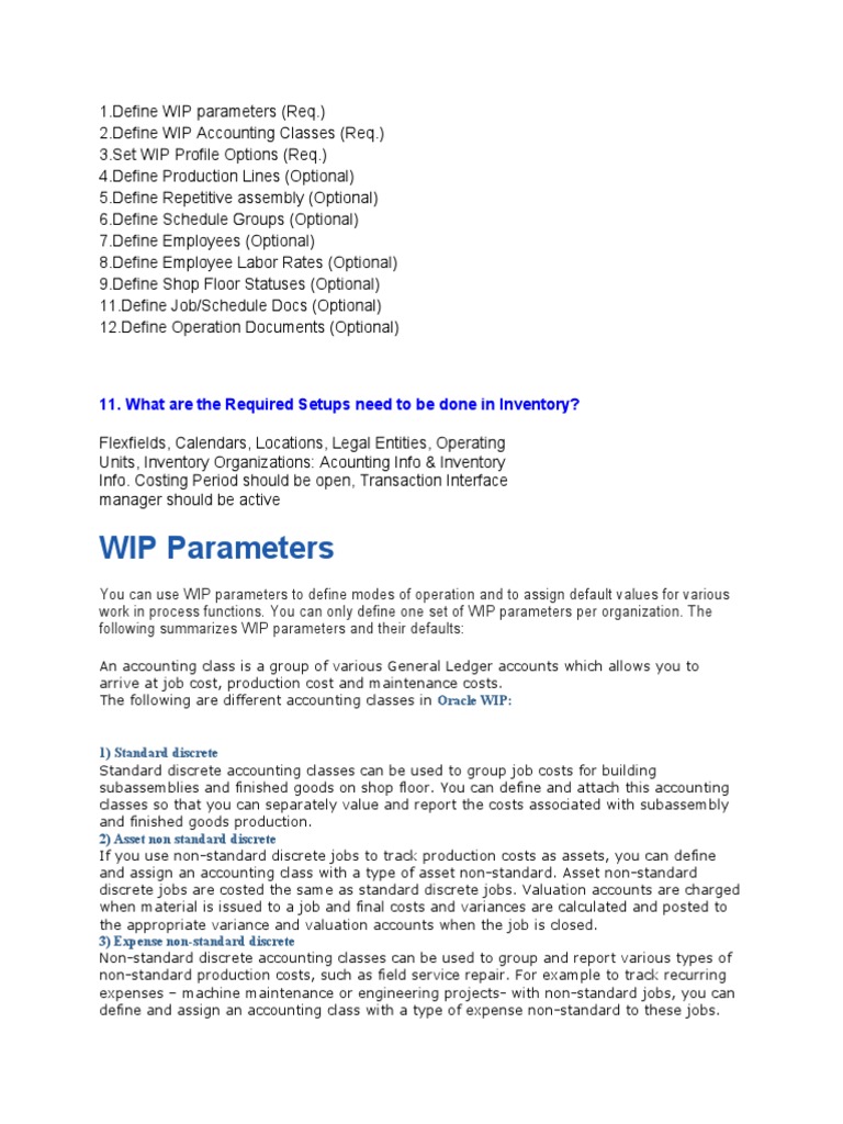 WIP Parameters: 11. What Are The Required Setups Need To Be Done in ...