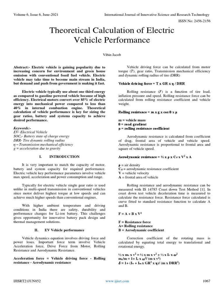 Theoretical Calculation of Electric Vehicle Performance PDF