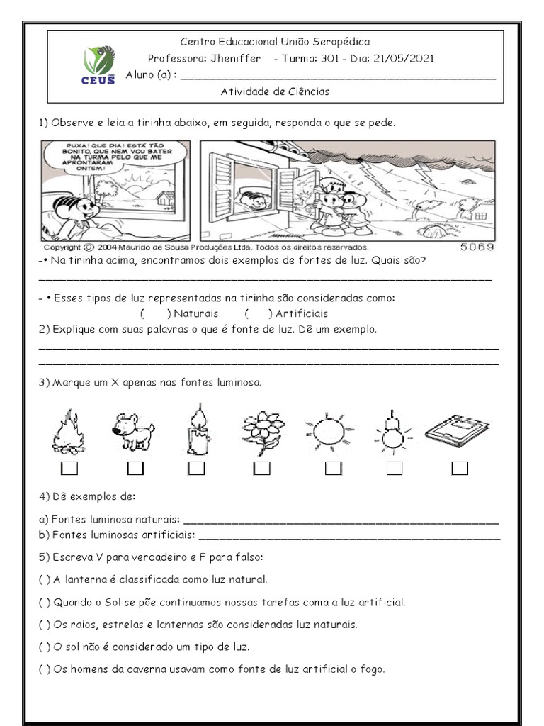 Atividade sobre Luz para 3º Ano | PDF | Métodos e Materiais de Ensino ...