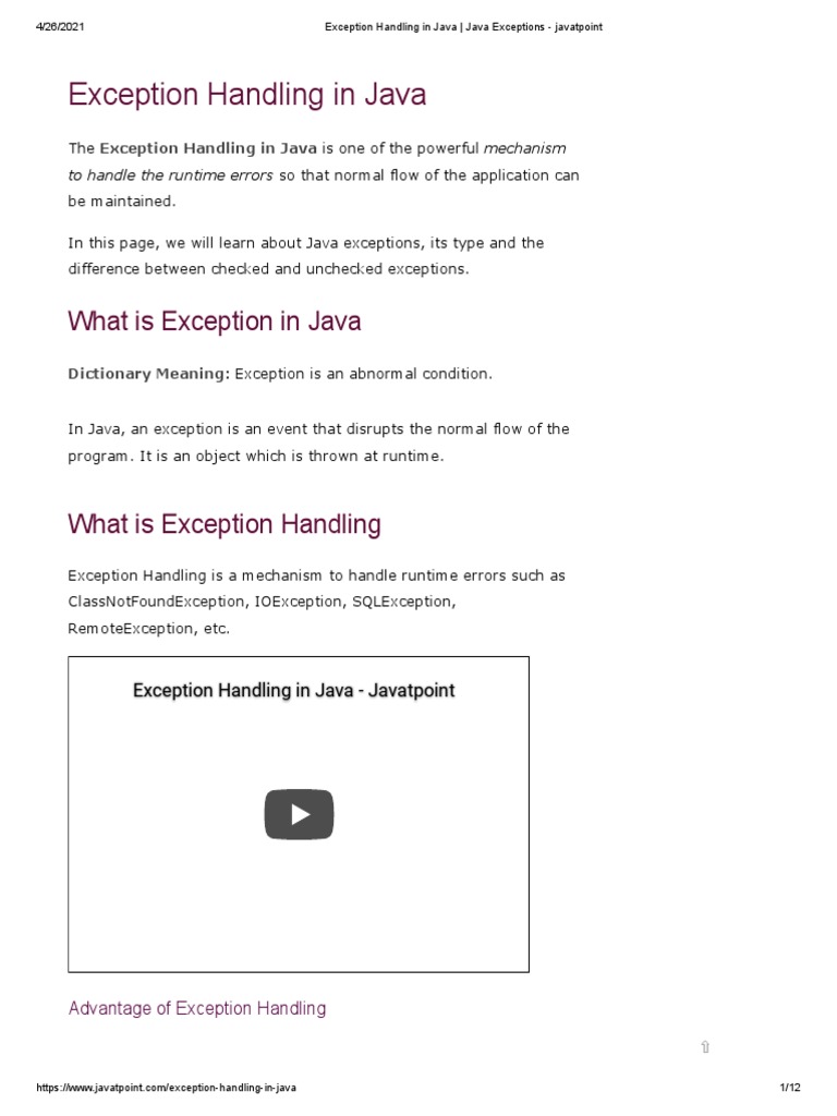 Exception Handling in Java Java Exceptions Javatpoint PDF Java