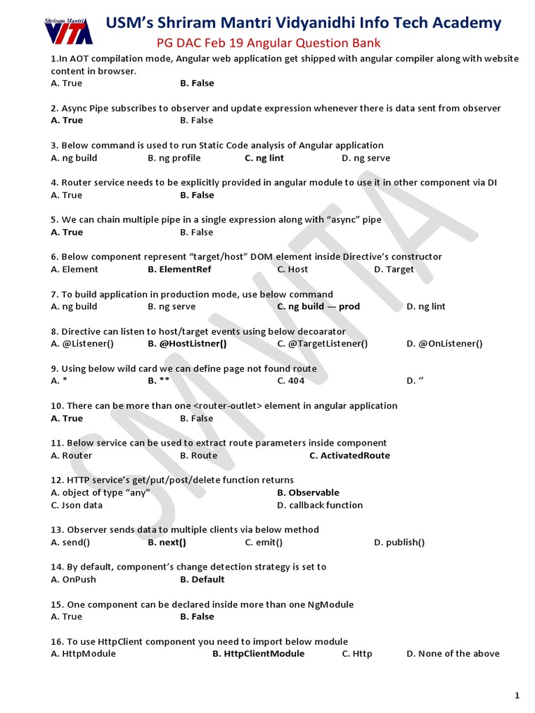 USM's Shriram Mantri Vidyanidhi Info Tech Academy: PG DAC Feb 19 Angular  Question Bank | PDF | Hypertext Transfer Protocol | World Wide Web
