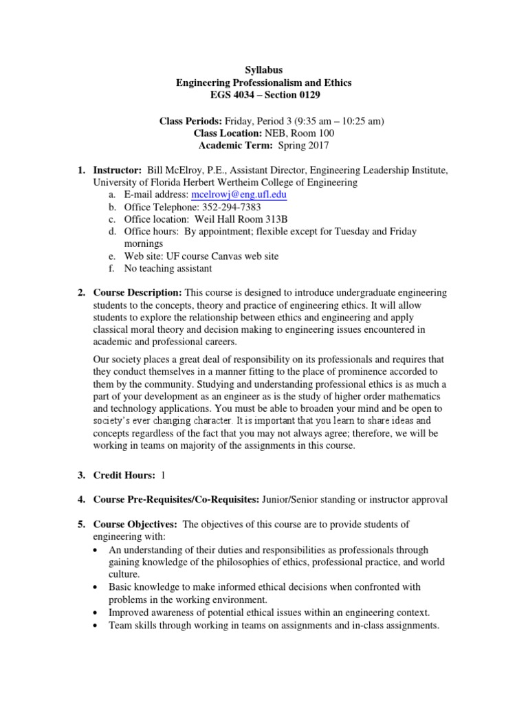 Engineering Professionalism and Ethics Course Syllabus | PDF ...