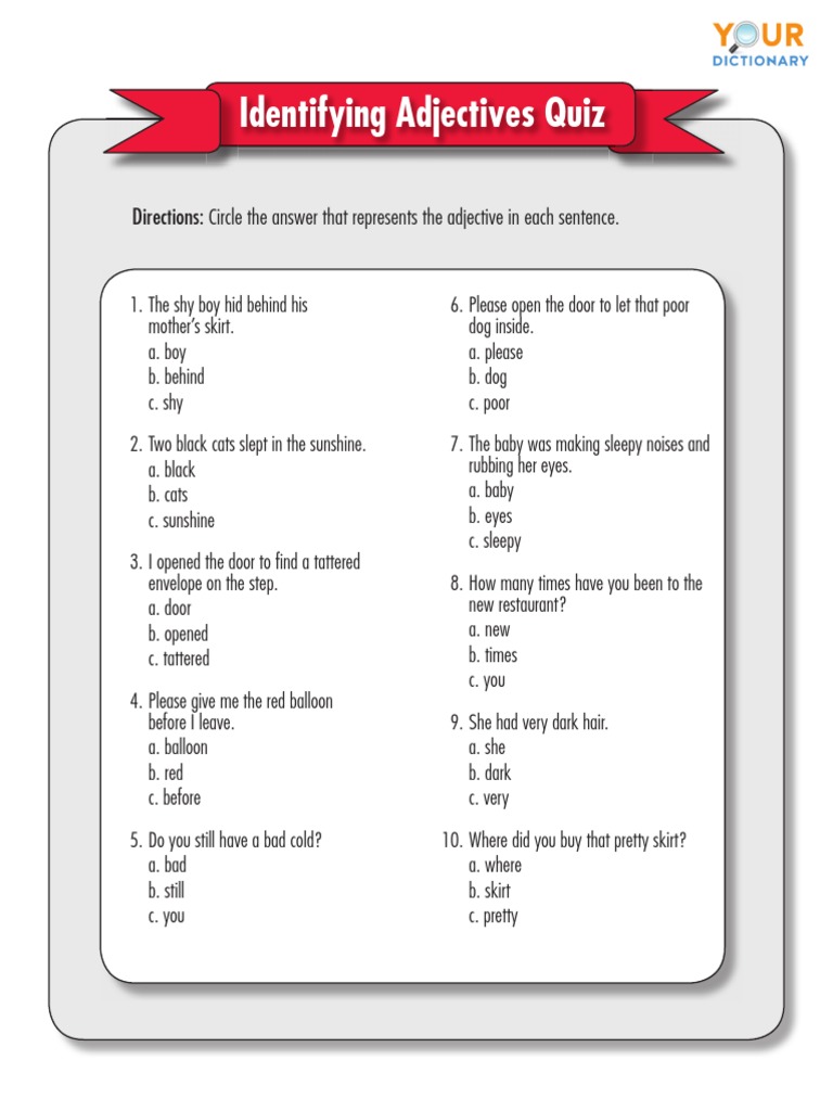 Adjective Identification Quiz | PDF