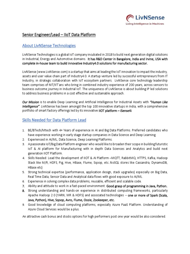 Data Platform Lead - LivNSense | PDF | Internet Of Things | Apache Hadoop