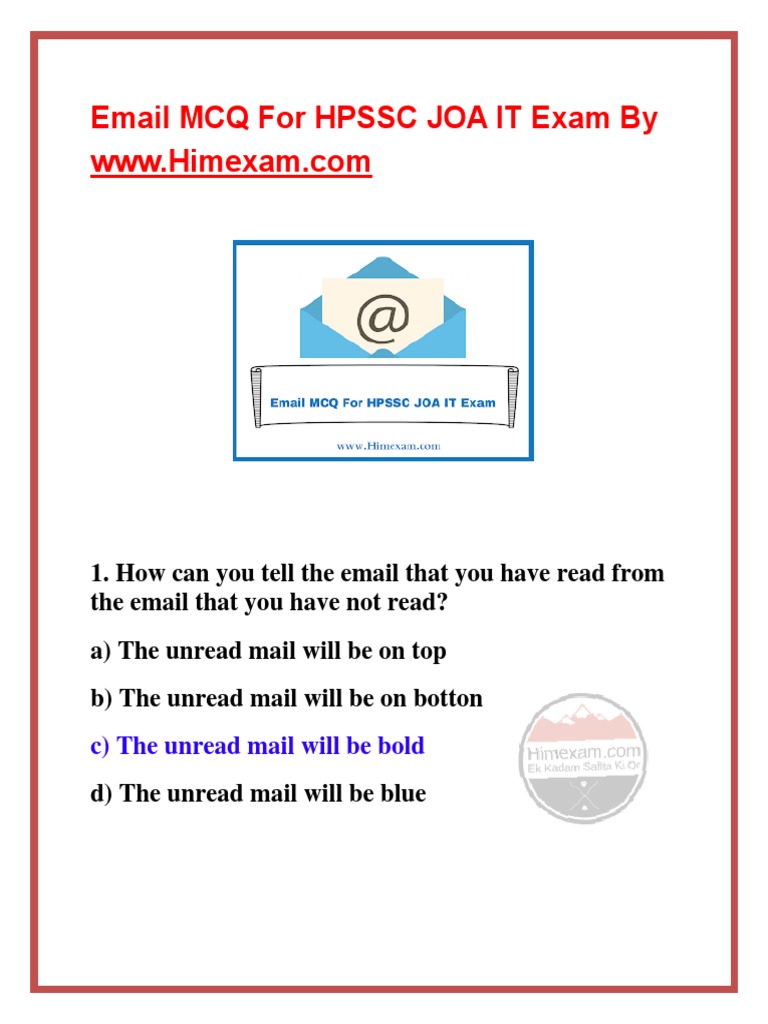 Email MCQ by Himexam PDF Email Spam Application Layer Protocols