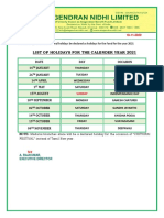 Circular No. 44 - List of Holidays 2021