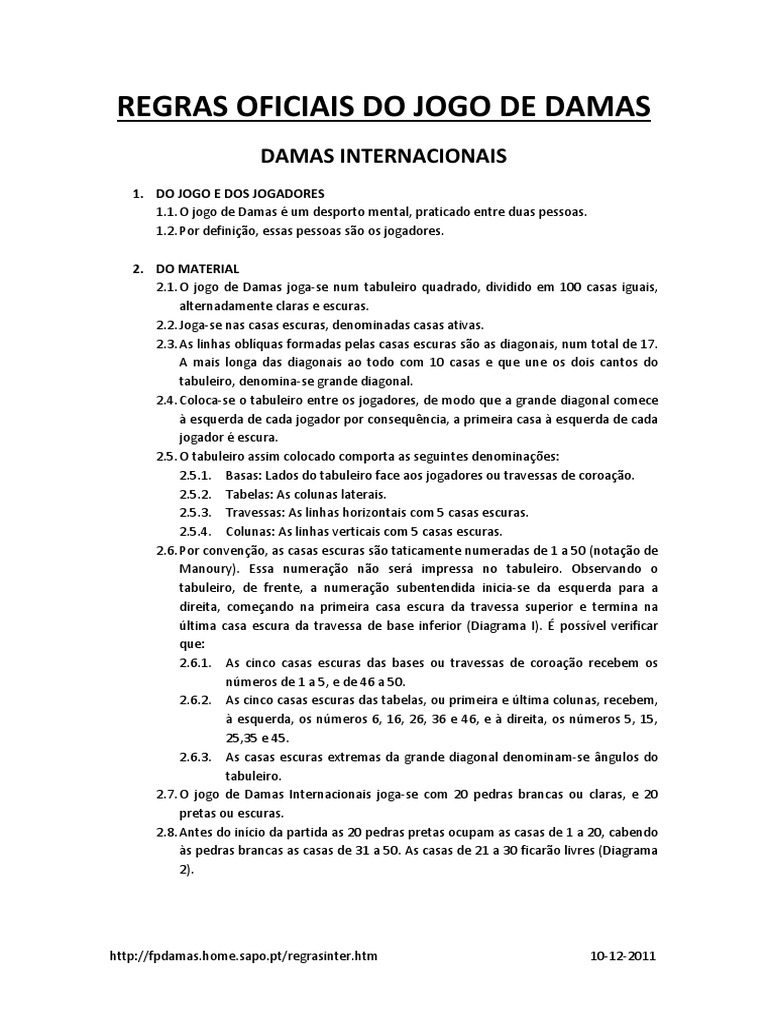 REGRAS OFICIAIS DO JOGO DE DAMAS - PDF Free Download