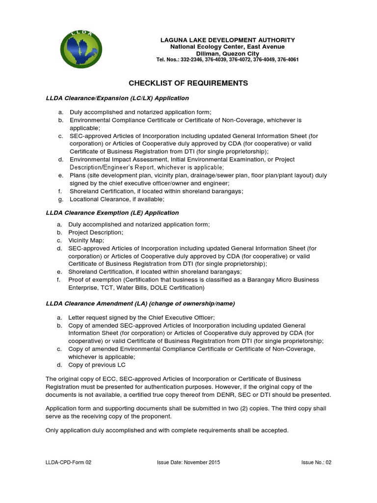 Checklist of Requirements: LLDA Clearance/Expansion (LC/LX) Application ...