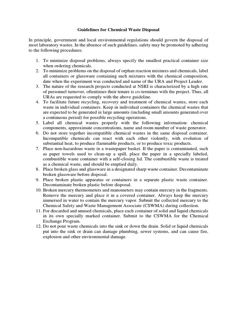 Guidelines For Chemical Waste Disposal PDF Solvent Waste