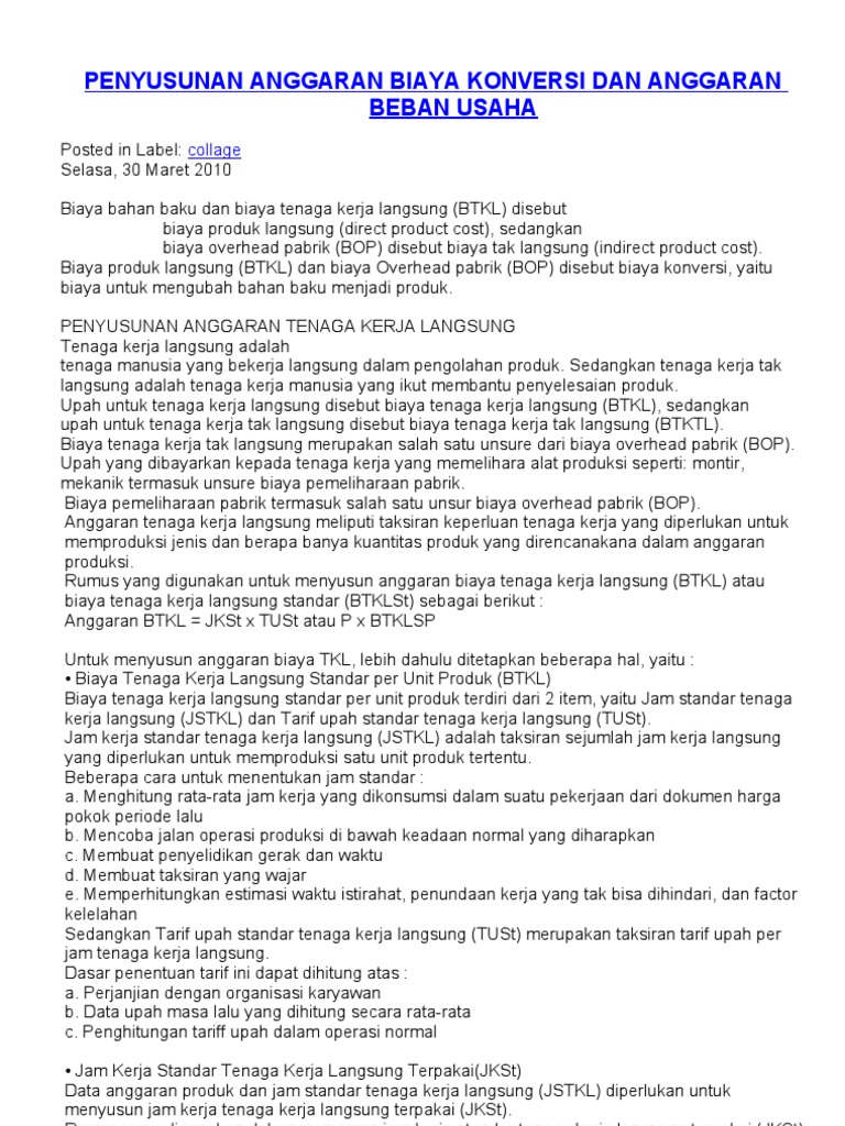 Penyusunan Anggaran Biaya Konversi Dan Anggaran Beban Usaha
