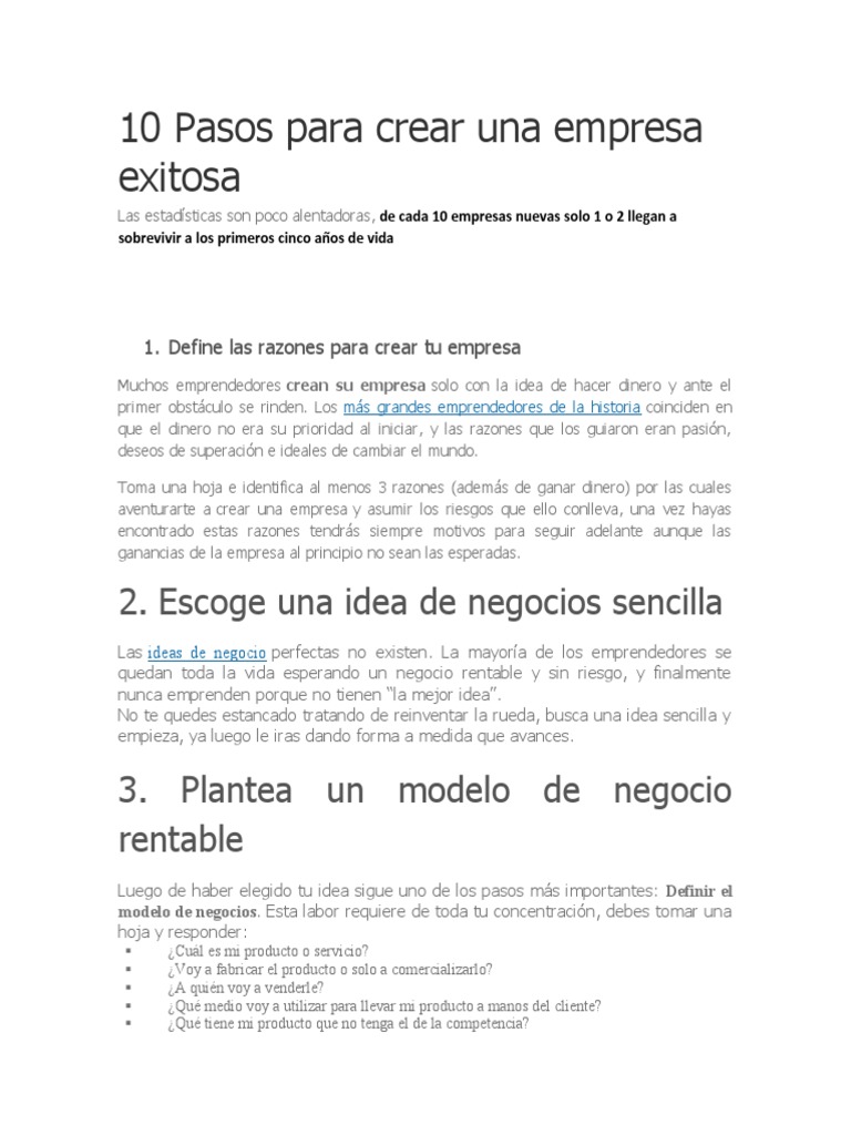 10 Pasos para Crear Una Empresa Exitosa | PDF | Iniciativa empresarial ...