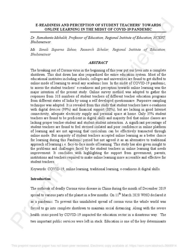 E-Readiness and Perception of Student Teachers' Towards Online Learning ...