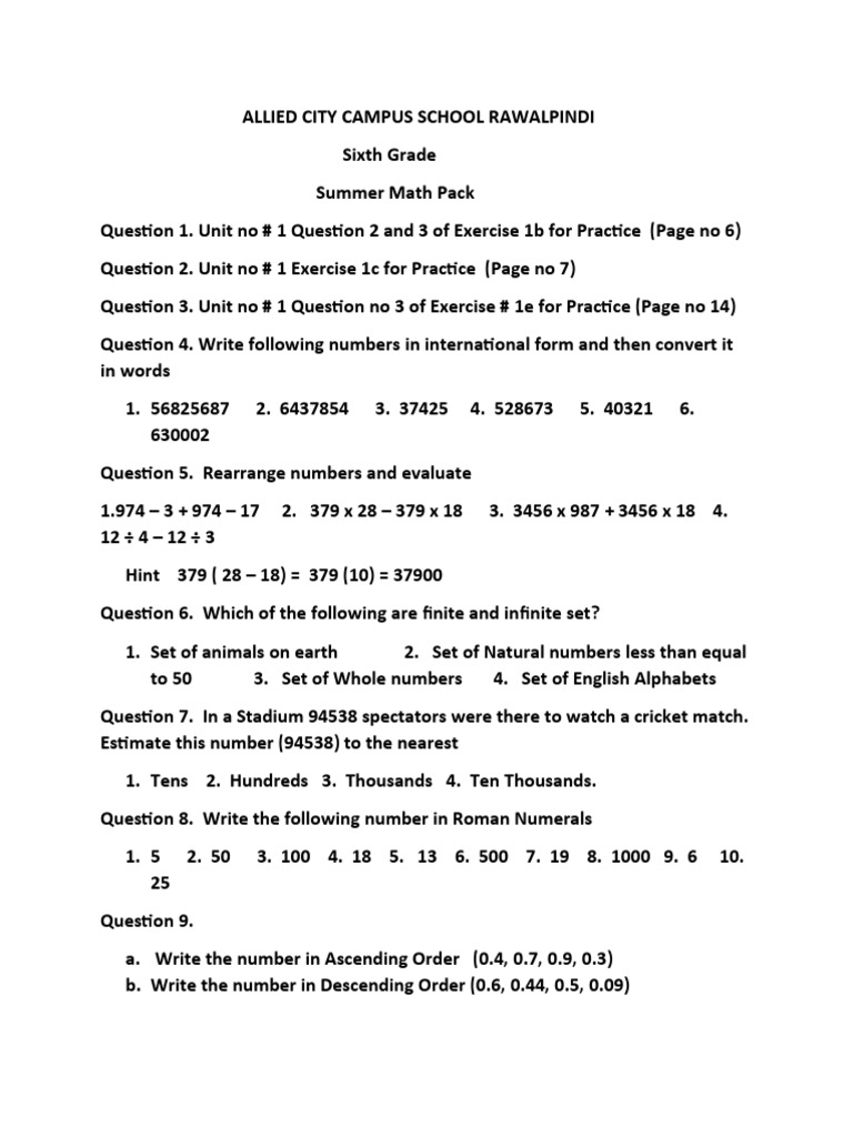 Sixth Grade Summer Math Pack | PDF | Computers