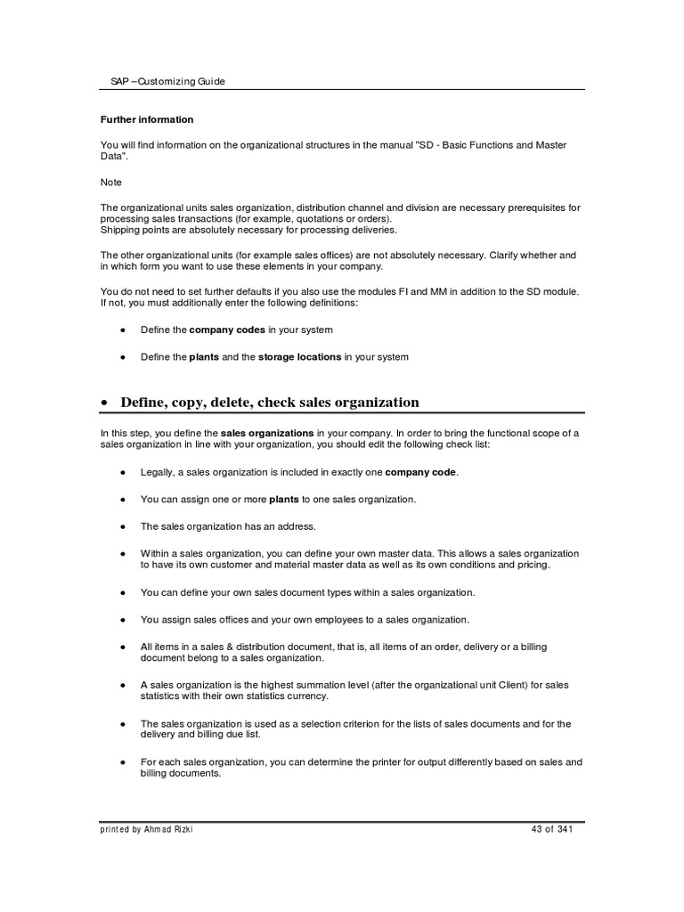 Define, Copy, Delete, Check Sales Organization SAP Customizing Guide PDF Sales Warehouse
