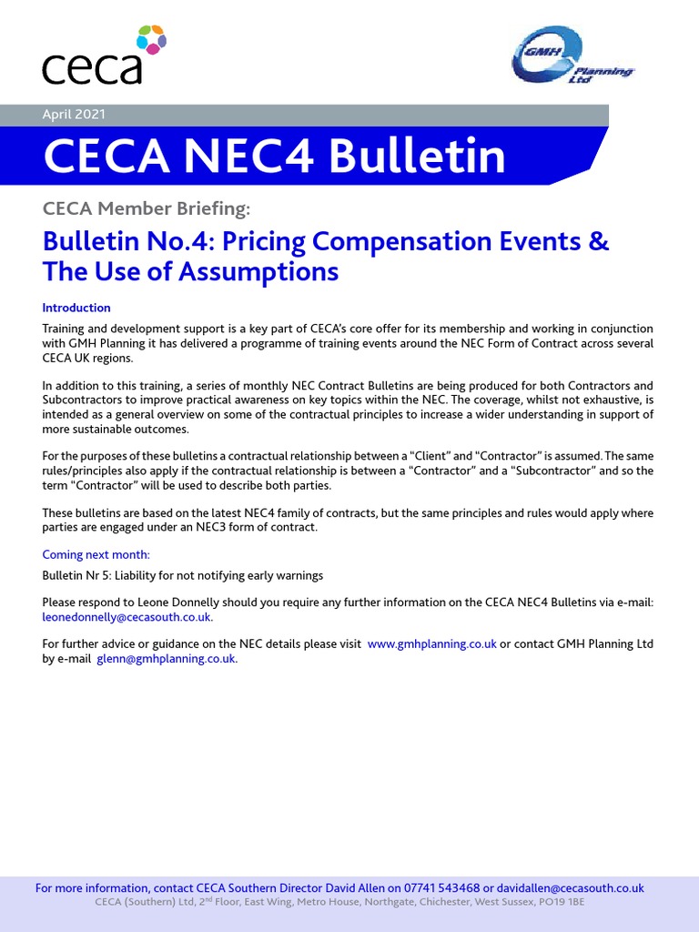 NEC4 Bulletin 4: Pricing Compensation Events | PDF | General Contractor ...