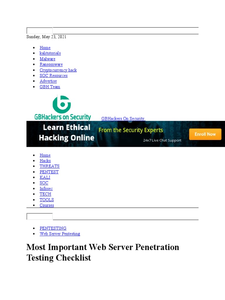 Webserver Checklist Pentest | PDF | Penetration Test | File Transfer ...