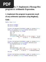 Practical No. 3: Implement A Message Box Program & Arithmetic Expression