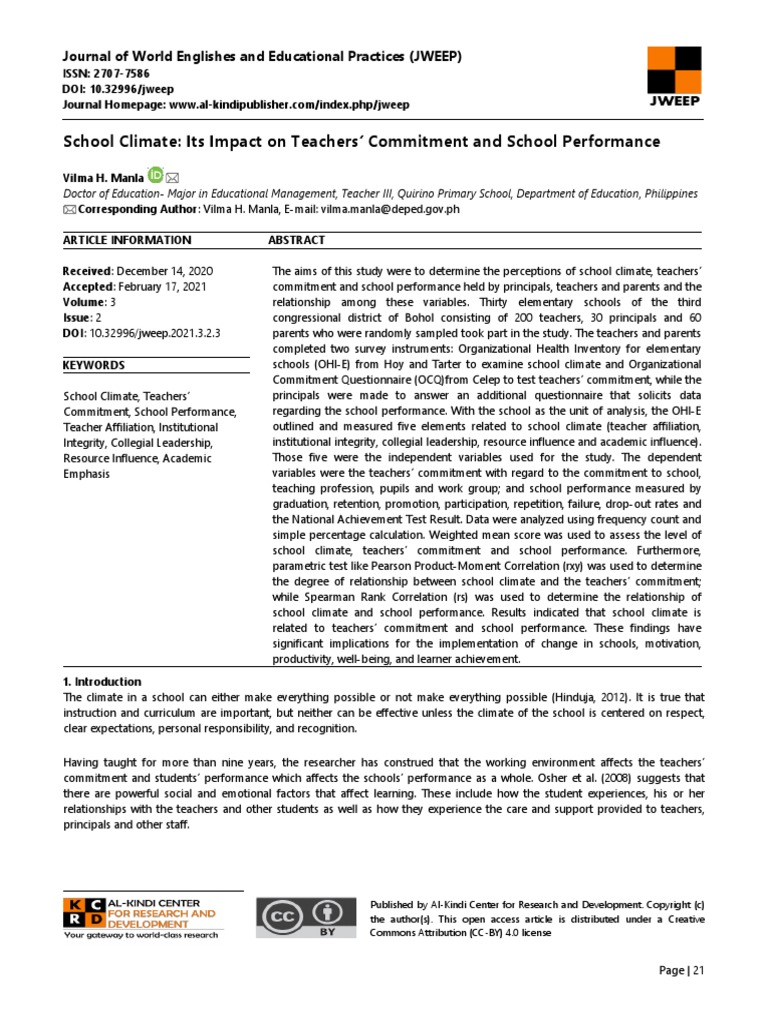 School Climate: Its Impact On Teachers' Commitment and School ...