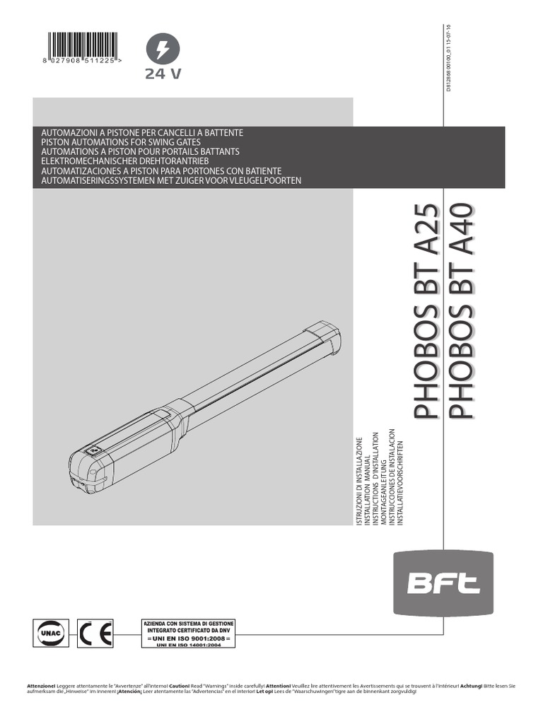BFT Phobos BT A25/A40 Installation Manual | PDF | Automation | Door