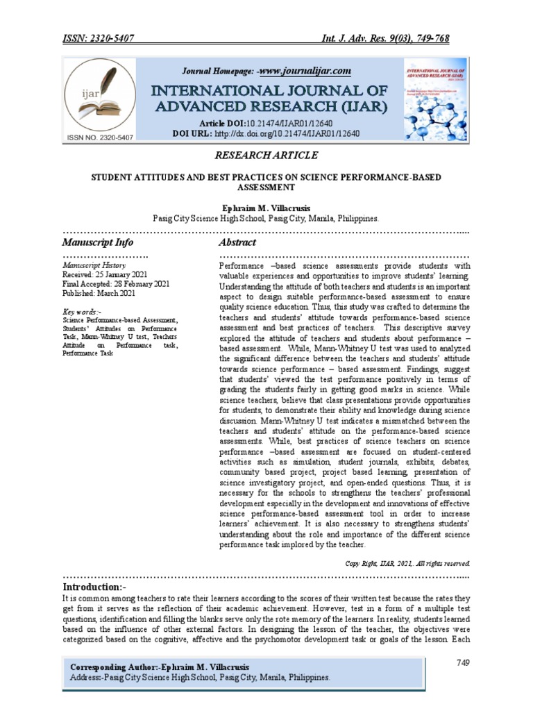 Student Attitudes and Best Practices On Science Performance-Based ...
