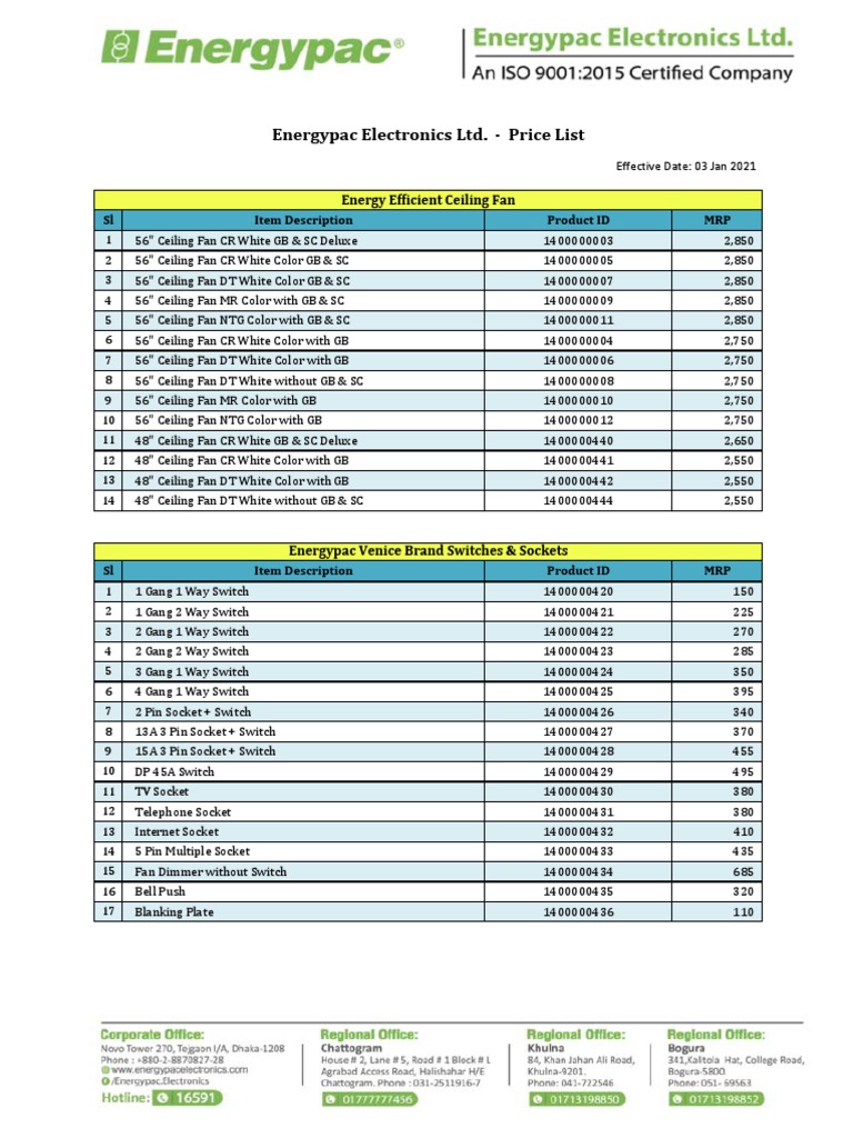 Energypac Electronics Ltd Price List Ac Power Plugs And Sockets Alternating Current