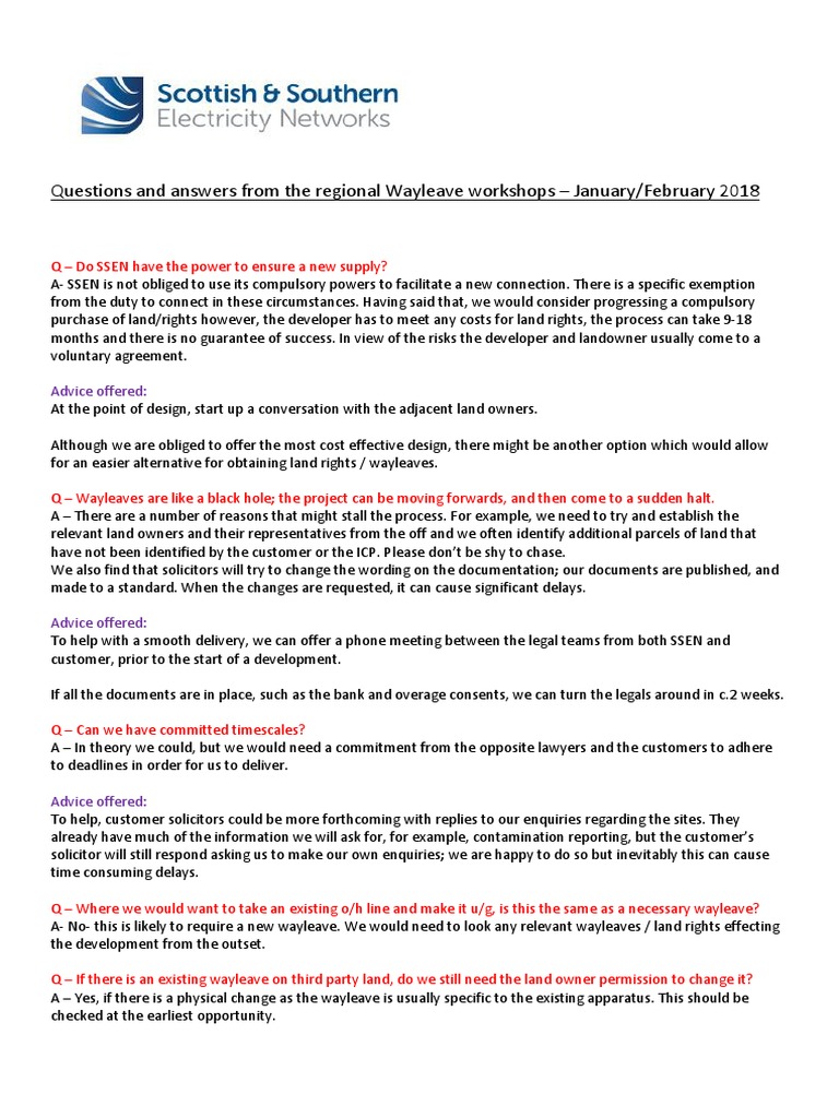 Questions and Answers on Obtaining Wayleaves for Electricity