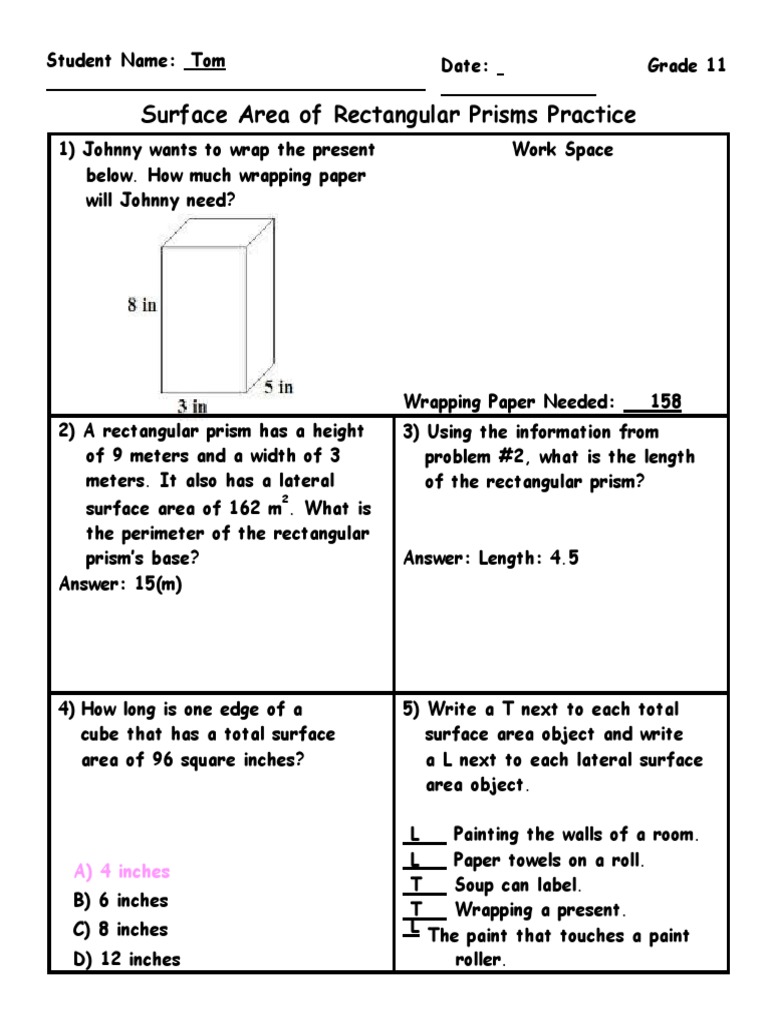 S2A Week 5 Surface Area and Volume Students G11 | PDF | Area | Length