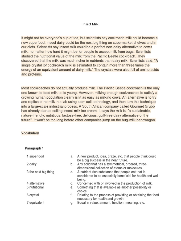 Insect Milk: Vocabulary | PDF | Dairy | Milk