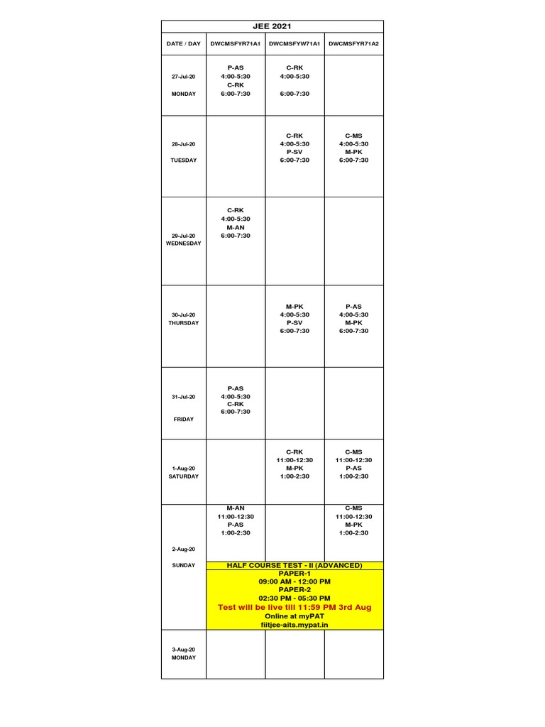 JEE 2021 Half Course Test II Schedule | PDF