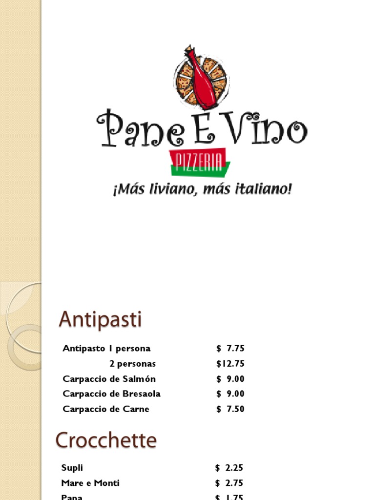 Menu Pane e Vino Alimentos preparados Preparación de alimentos y