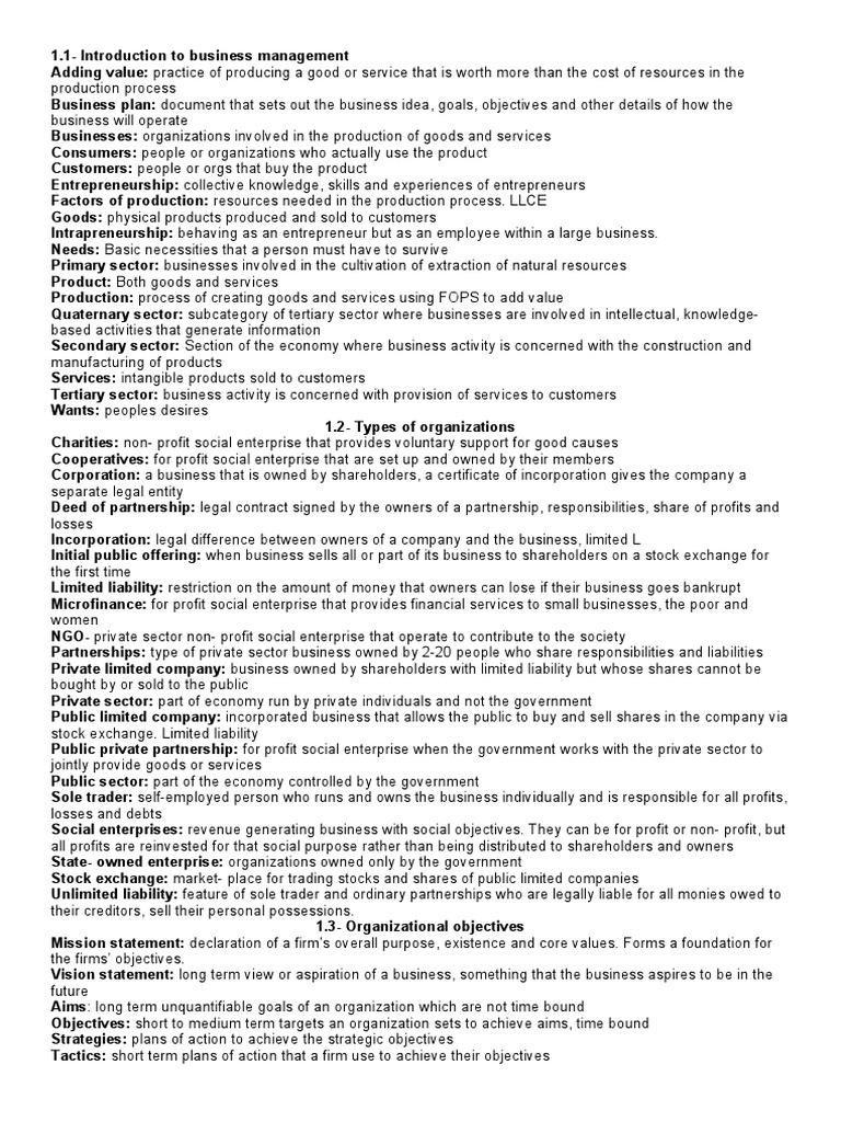 IB Business Management Unit 1 Overview | PDF | Economies Of Scale ...