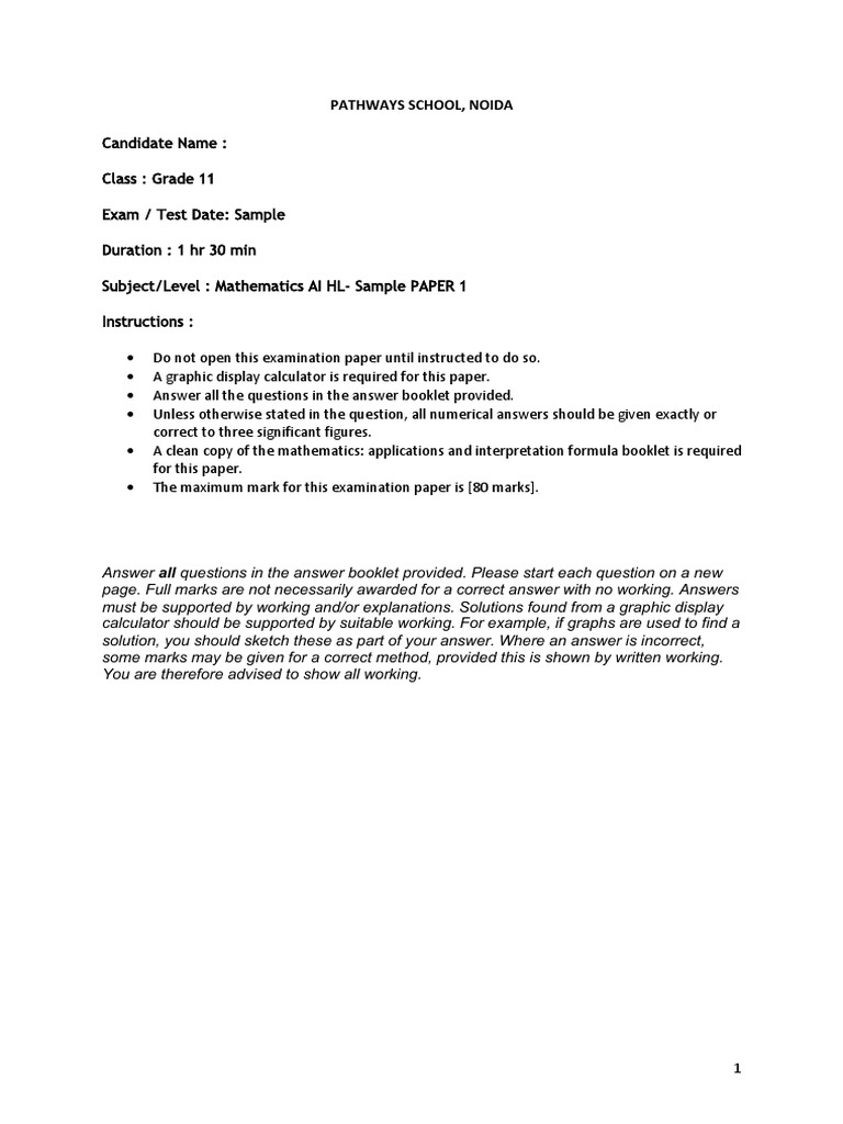 IB Math AI HL Sample Paper 1 | PDF | Test (Assessment) | Function ...