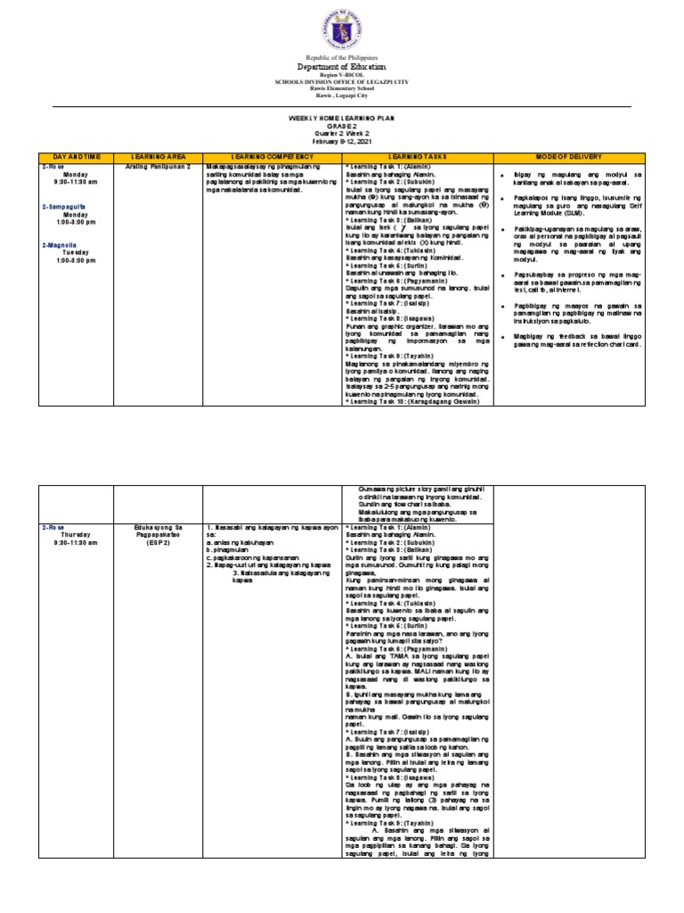 Weekly Home Learning Plan Week 4 | PDF