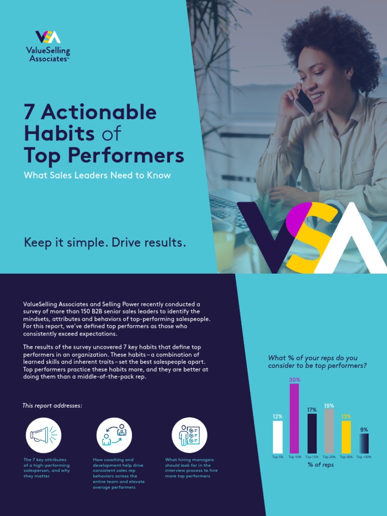 Document cover titled '7 Actionable Habits of Top Performers' emphasizing simple routines for driving results