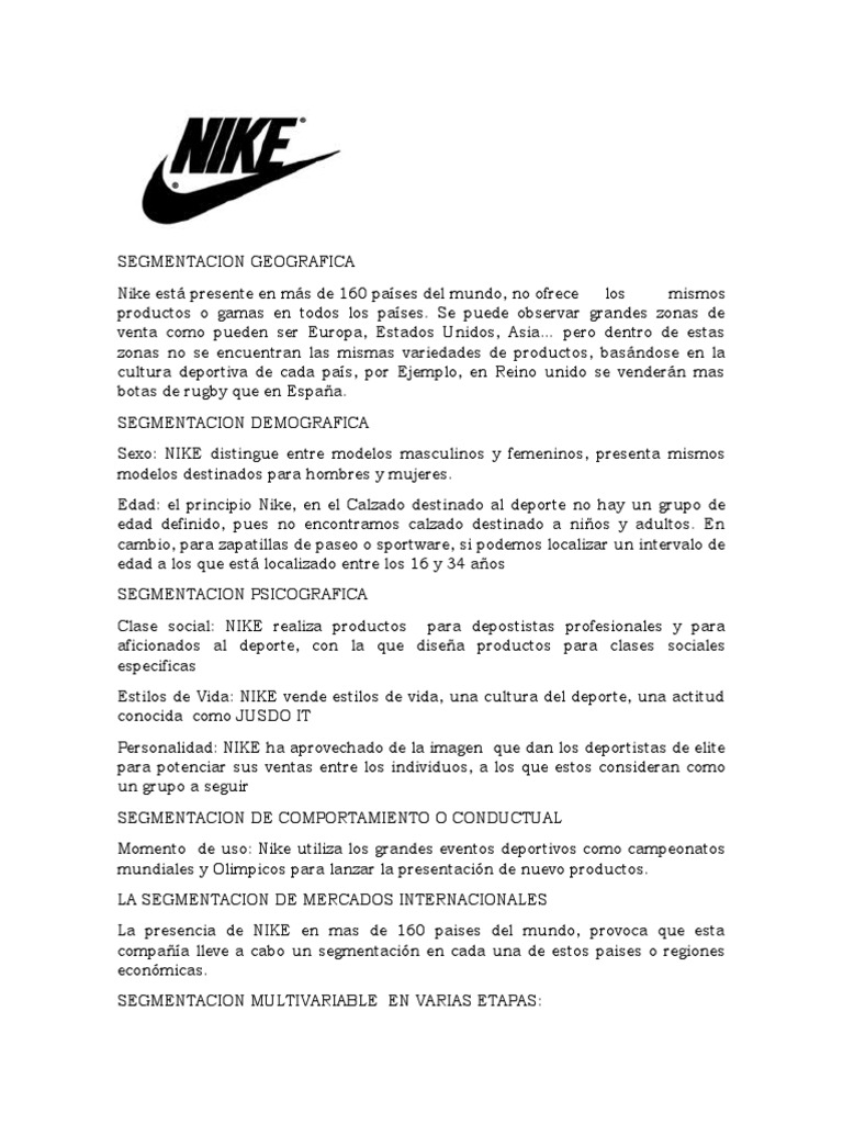 estante En cantidad Bigote Segmentacion de Mercado Internacional | PDF | Nike | Deportes