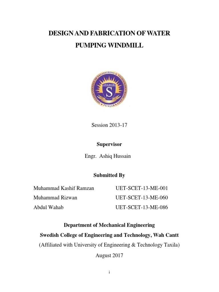 Water Pumping Windmill Design Thesis | PDF | Wind Turbine | Turbine