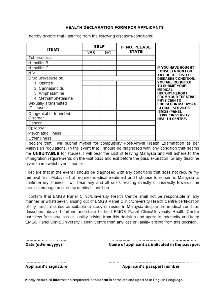 EMGS Health Declaration Form Guide | PDF | Public Health | Diseases And ...