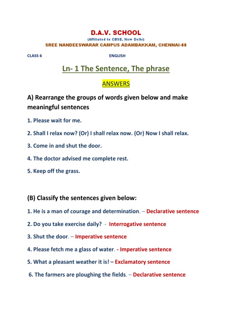 English Sentences for Class 6 | PDF | Language Arts & Discipline ...