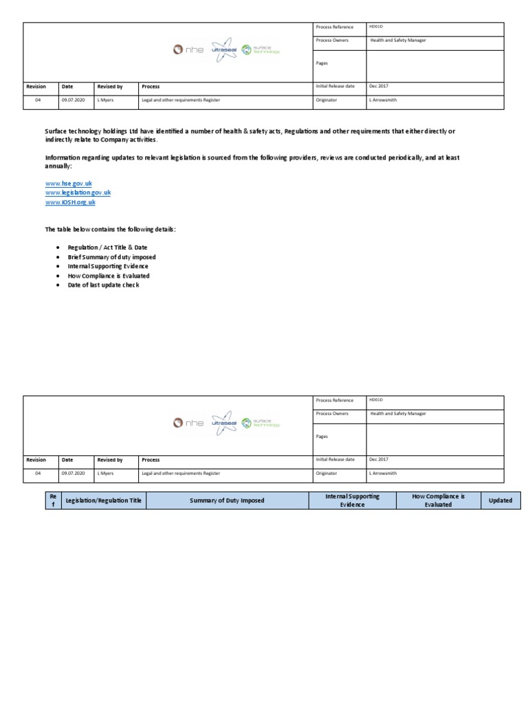 Legal and Other Requirements Register April 45001 | PDF | Occupational ...