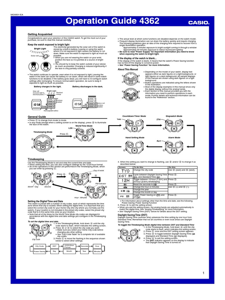 CASIO Watch Operation Guide 4362 | PDF | Watch | Daylight Saving Time