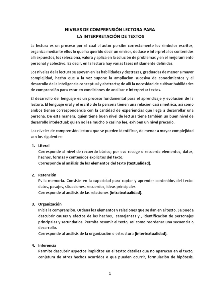Niveles de Comprensión Lectora para La Interpretación de Textos | PDF ...