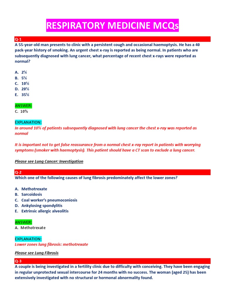 Respiratory Medicine MCQs and Answers | PDF | Chronic Obstructive ...
