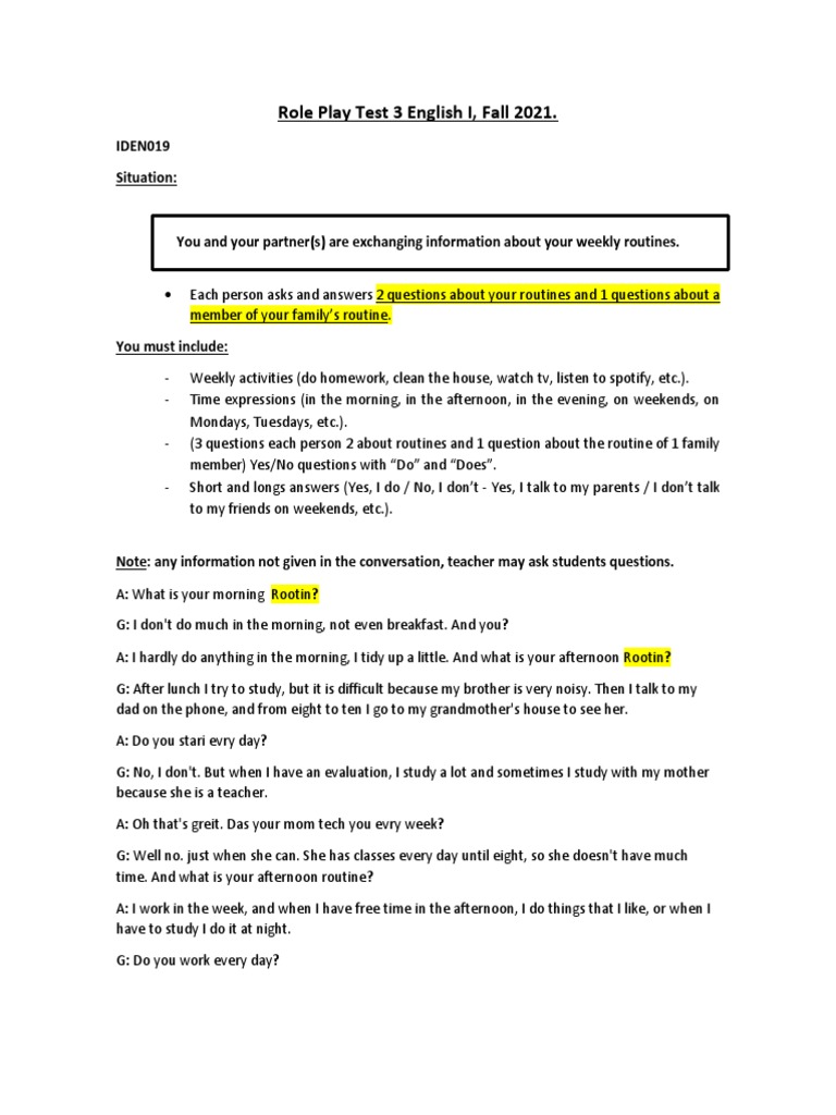 Role Play Test 3 English I, Fall 2021.: IDEN019 Situation | PDF