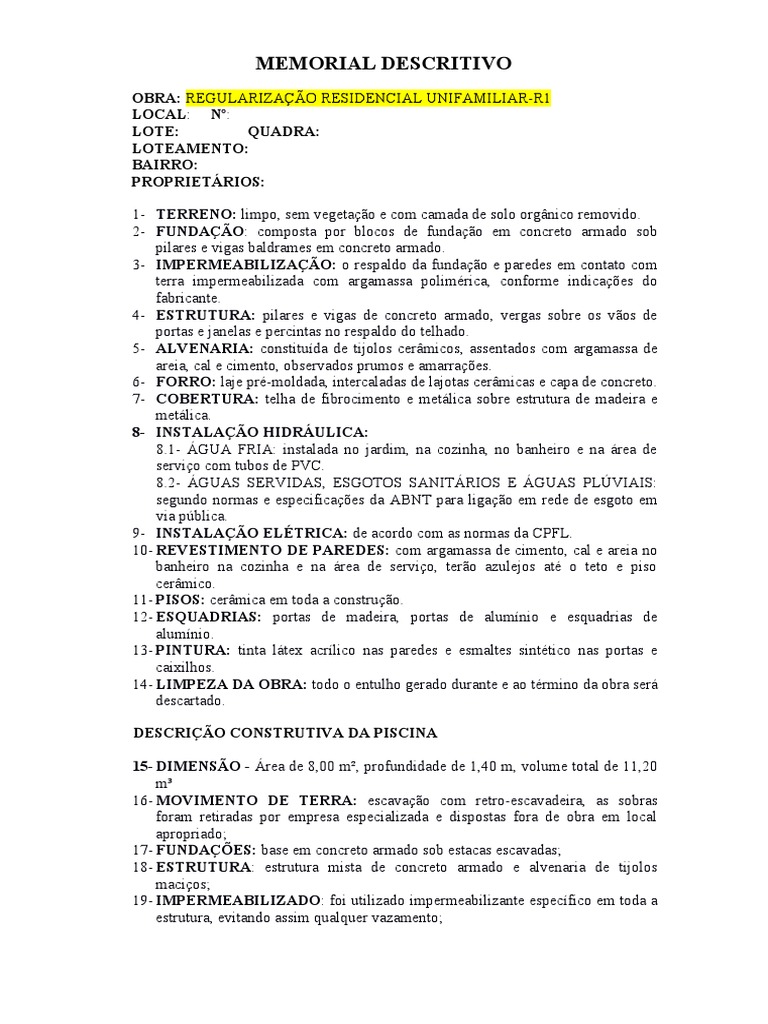 Memorial Descritivo Residencial - MODELO | PDF | Argamassa (alvenaria ...