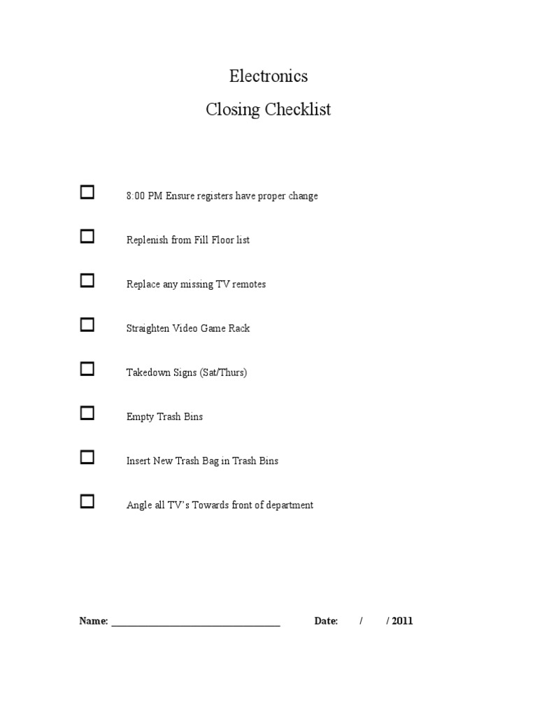 Electronics Closing Checklist | PDF | Technology & Engineering