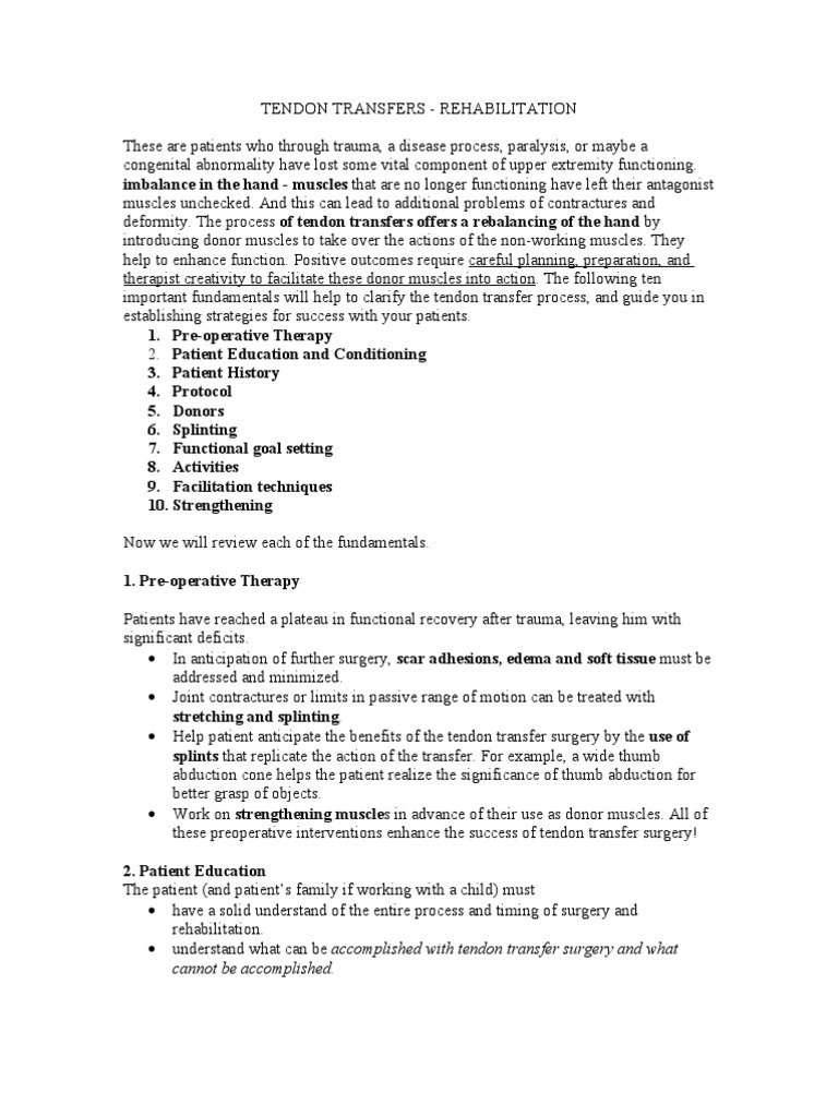 Tendon Transfer Rehabilitation Guide | PDF | Anatomical Terms Of Motion ...