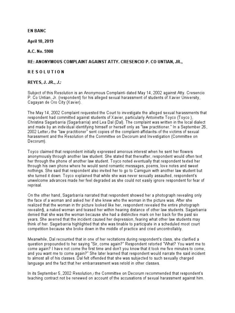 Anonymous Complaint Against Atty. Untian PDF Sexual Harassment Lawyer