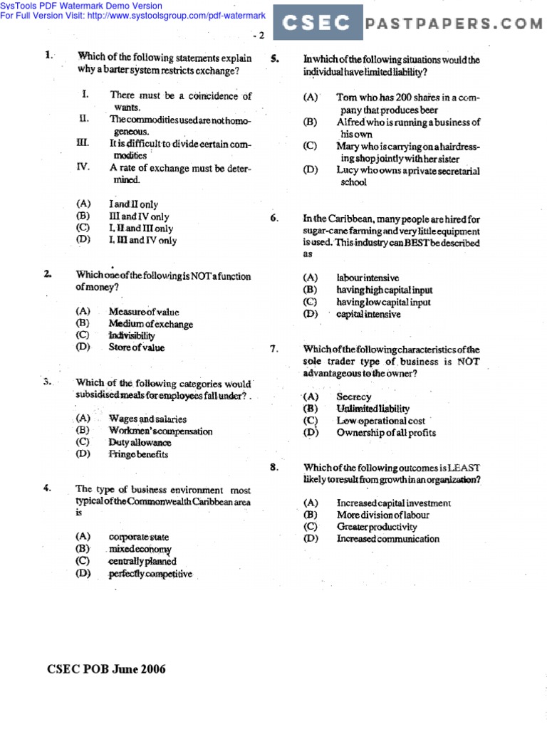 Principle of Business Past Paper 2006 PDF Value (Economics) Exports